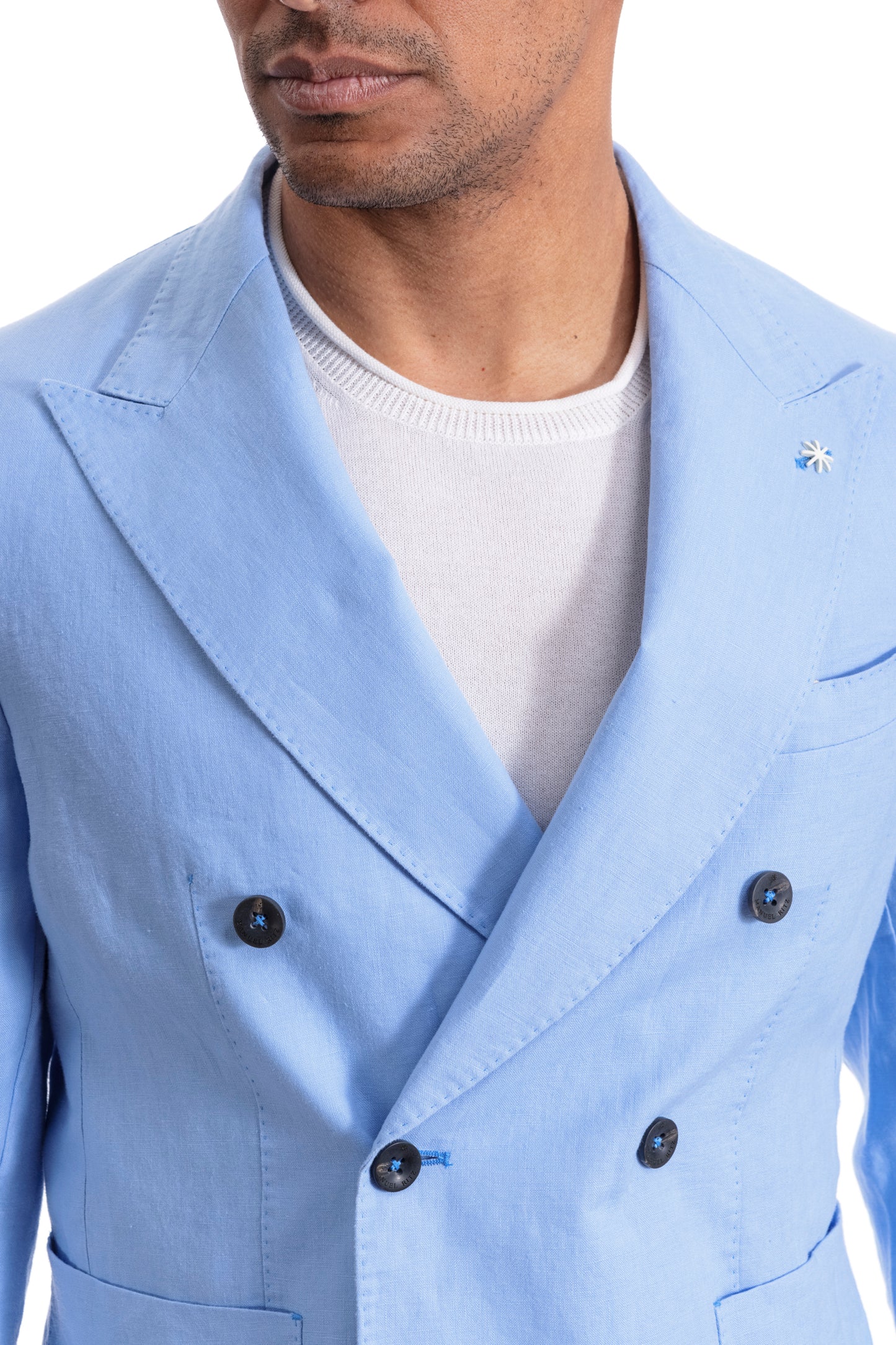 Manuel Ritz giacca doppiopetto in lino azzurra